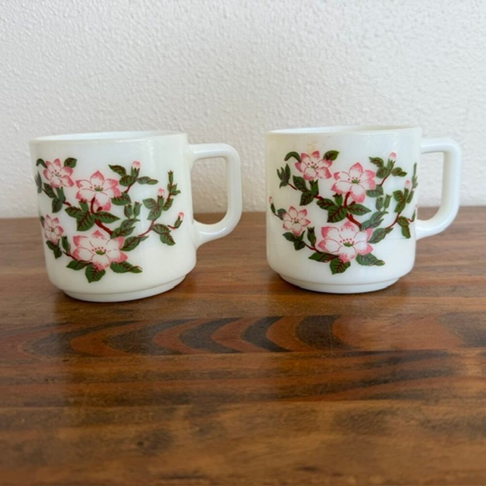 Vintage Milk Glass Coffee Mugs with Pink and White Cherry Blossoms